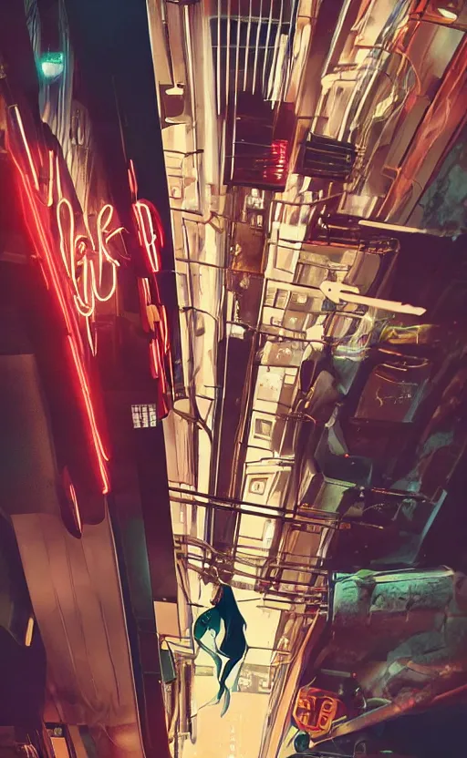 Image similar to vertical movie frame portrait of girl in 5 0's retro restaurant interior, neon - decorated urban on night in the city seen through the window, modern interior design, architectural design, vintage, night blade runner, dark, postapocalyptic, clean lines, 4 k, octane, asian futuristic city at distance, big windows, octane, wide angle