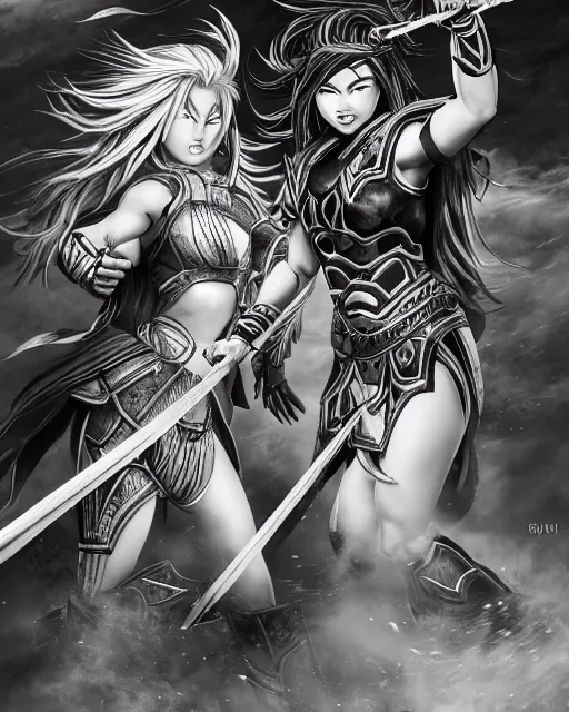 Image similar to Two female warriors fighting, black and white, highly detailed face, close-up, fantasy art, fighting art, in the style of masami kurumada, illustration, epic, fantasy, intricate, hyper detailed, artstation, concept art, smooth, sharp focus, ray tracing