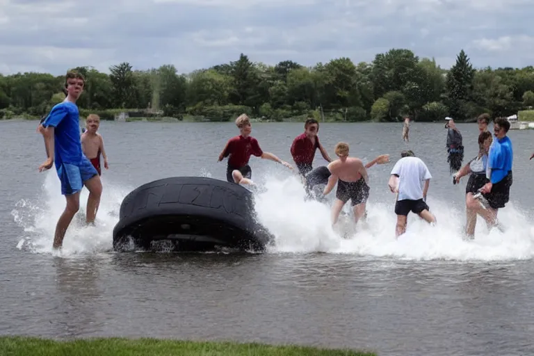 Image similar to Group of teenagers push rolls roys into lake from small slide