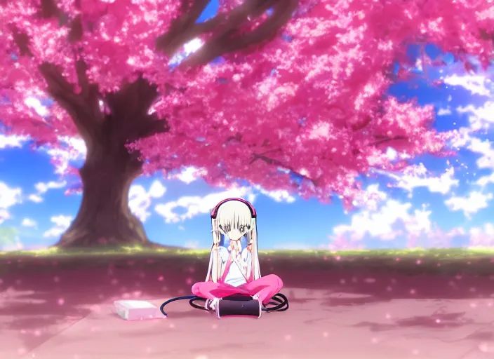 Image similar to A screenshot of An anime gamer girl wearing headphones under sakura tree