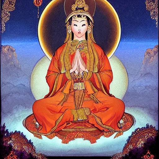 Image similar to gorgeous asian goddess drawn in russian orthodox icon style by Dragan Bibin and Frank Frazetta