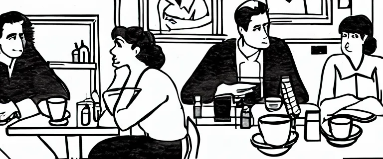 Prompt: man and woman talking quietly in a diner, over the shoulder shot, storyboard panel, eye level, black and white marker