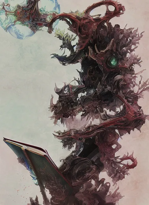 Prompt: semi realistic gouache painting, by yoshitaka amano, by ruan jia, by conrad roset, by denning guy online artists, detailed anime 3 d render of a monstrous giant magic book, a strange magical book, cgsociety, artstation, rococo mechanical, digital reality, sf 5 ink style, dieselpunk atmosphere