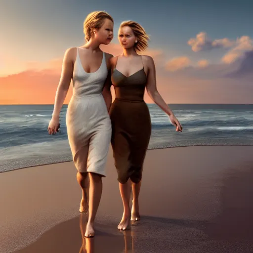 Prompt: beautiful serene intricate portrait of jennifer lawrence and jennifer lawrence, walking togetheron the beach, golden hour, soft focus, 8 k, art by irakli nadar, hyperrealism, hyperdetailed, ultra realistic