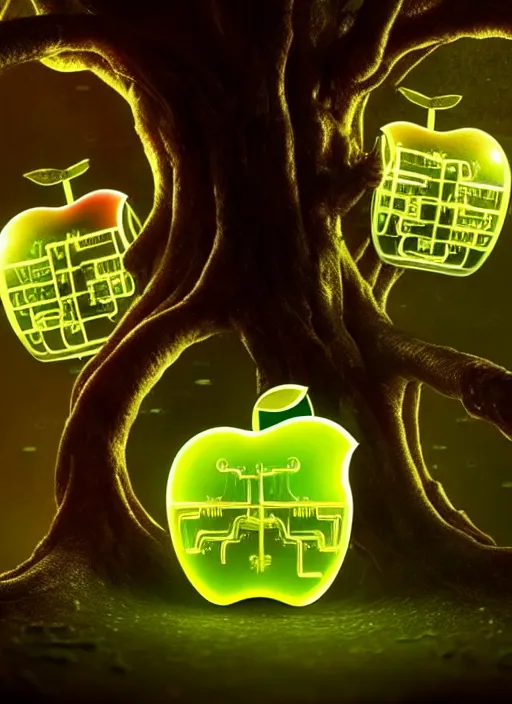 Prompt: intricate mechanical translucent apple with visible gears inside, growing off a tree, on the background of a weird magical mechanical forest. Very detailed 8k. Fantasy cyberpunk horror. Sharp. Cinematic post-processing