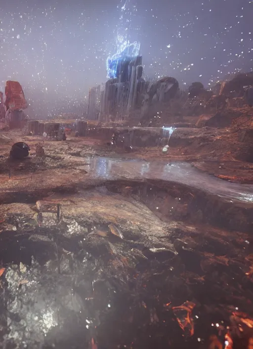 Prompt: an abandoned hell city on a humongous crystal biome by pixar, smooth, cinematic, wet reflections, ray tracing x, rtx, smooth