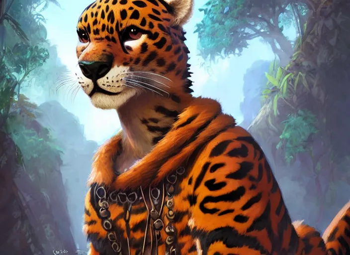 Image similar to character portrait feature of the anthro male anthropomorphic jungle cat jaguar fursona animal person wearing shaman outfit robes belt in the amazon rainforest, character design stylized by charlie bowater, ross tran, artgerm, makoto shinkai, detailed, soft lighting, rendered in octane