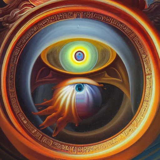 Image similar to painting of rainbow ophanim surrounded by large diagonally rotating rings, giant eyeball in the middle of the ophanim, by roberto ferri, amazing details, mythological, biblical, beautiful composition
