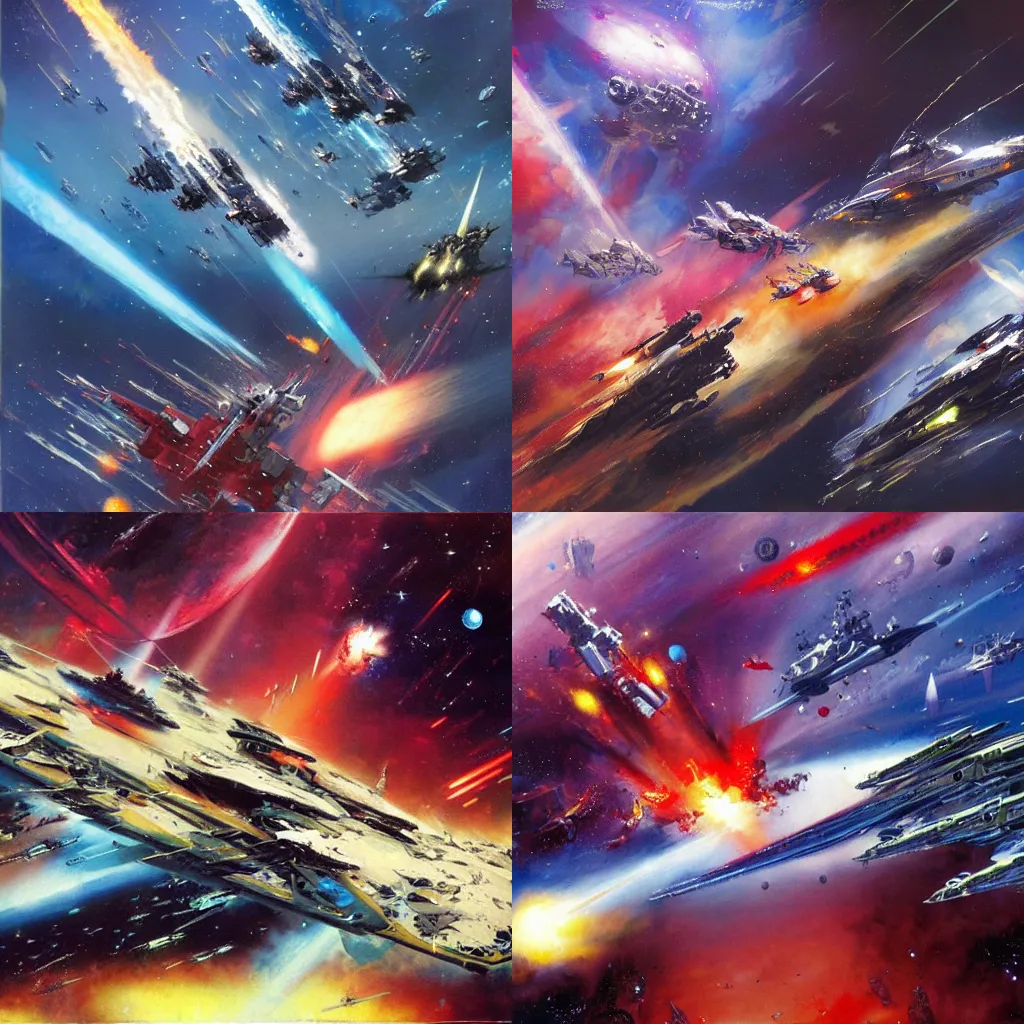 Prompt: concept art for battle of space battleships, by John Berkey, epic composition, action, explosion, planets, artstation
