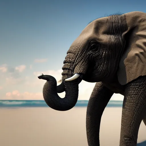 Prompt: a highly detailed beautiful Elephant with smooth and streamlined skin, doing an elegant pose on the beach, artstation, DeviantArt, professional, octane render