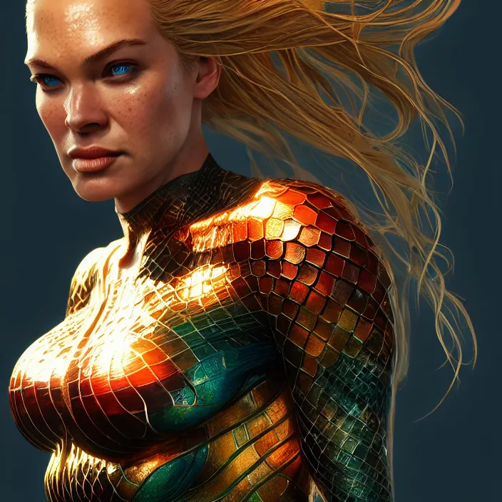 Image similar to female aquaman, au naturel, hyper detailed, digital art, trending in artstation, cinematic lighting, studio quality, smooth render, unreal engine 5 rendered, octane rendered, art style by klimt and nixeu and ian sprigger and wlop and krenz cushart