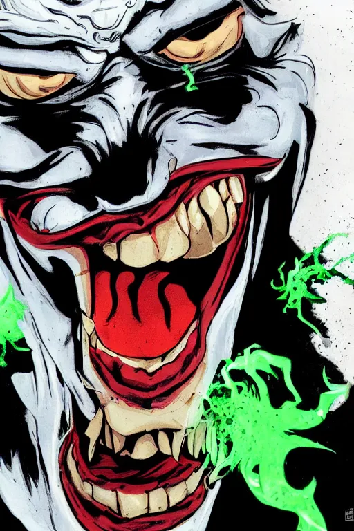 Image similar to angry joker, clenching teeth, with ghost smokes behind, illustration, jason fabok style, fantasy color scheme