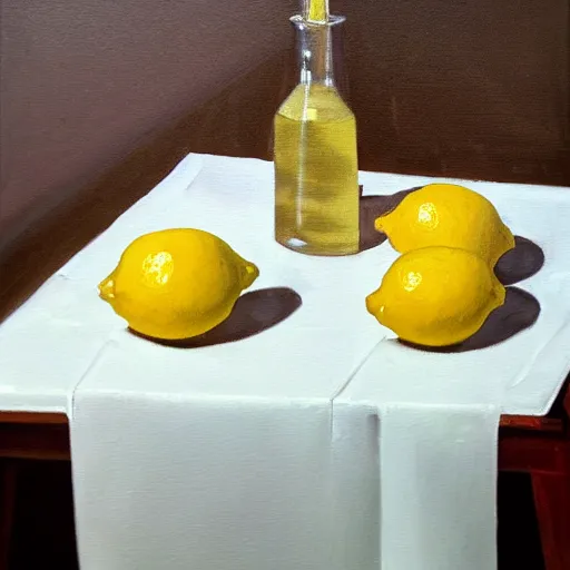 Prompt: lemons and a glass of lemonade, dramatic lighting, white draping tablecloth, oil painting, pale colors, high detail, 8 k, wide angle, trending on artstation,