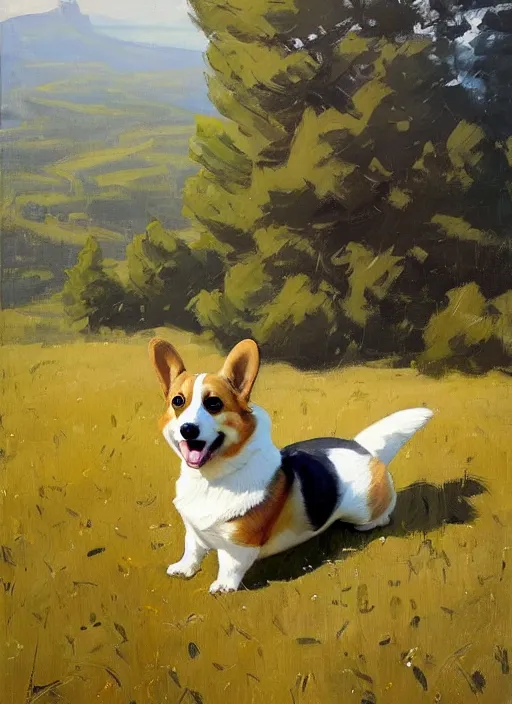 Image similar to Greg Manchess painting of a Corgi in Power Armor, countryside, calm, fantasy character portrait, dynamic pose, above view, sunny day, artwork by Jeremy Lipkin and Giuseppe Dangelico Pino and Michael Garmash and Rob Rey, very coherent asymmetrical artwork, sharp edges, perfect face, simple form, 100mm