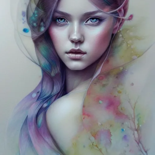 Image similar to hyper realistic pencil drawing of a fantasy princess, muted water color, full portrait, detailed, rim light, diffused, intricate, by anna dittmann