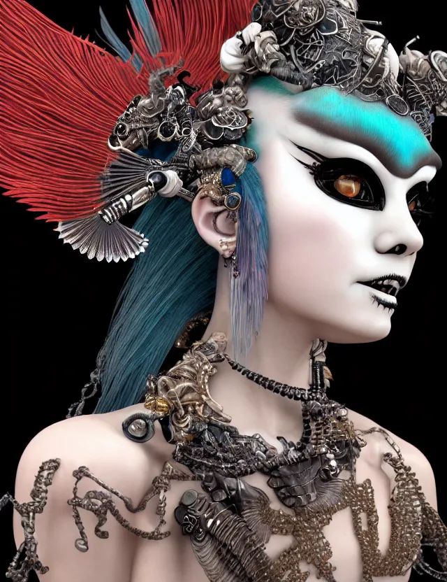 Image similar to 3 d goddess close - up profile portrait punk with mohawk in victorian style with ram skull. beautiful intricately detailed japanese crow kitsune mask and clasical japanese kimono. betta fish, jellyfish phoenix, bio luminescent, plasma, ice, water, wind, creature, artwork by tooth wu and wlop and beeple and greg rutkowski