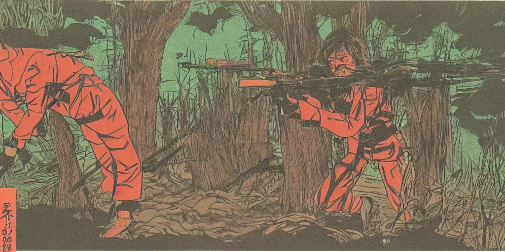 Prompt: japanese 1 9 8 0 s matte colorful illustration of a man sneaking through a swamp with a sniper rifle, 1 9 8 0 s stephen king, tense, cool,