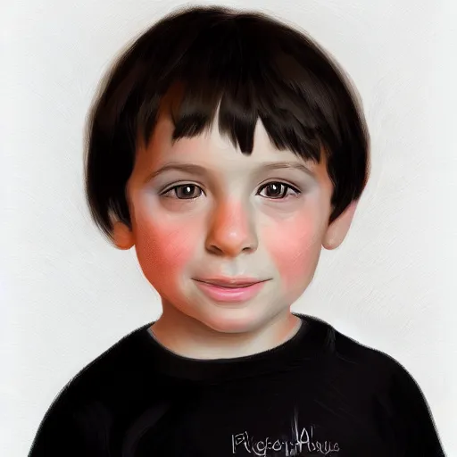 Prompt: a digital portrait of a 5 year old with black hair,hazel green eyes, drawn in the style of mark Arian