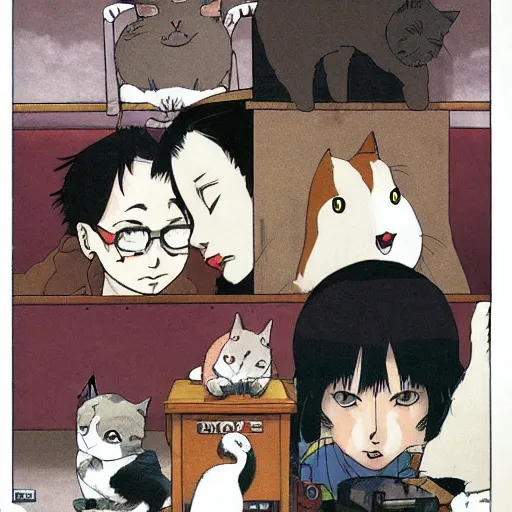 Image similar to a cat watches the end of the world, by satoshi kon