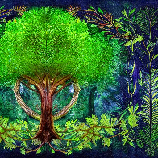 Image similar to tree of life showing various animal and plant species as leaves, digital art, highly detailed