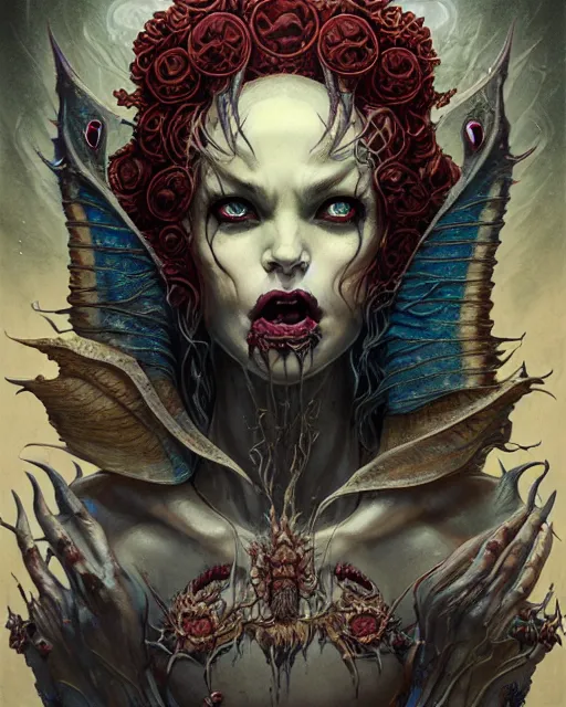 Image similar to perfectly centered portrait front view of a angry dead rotten beautiful female daemon growing ornamentation, ornate, detailed, symmetrical, elegant, beautifully soft lit, by wayne barlowe, peter mohrbacher, kelly mckernan