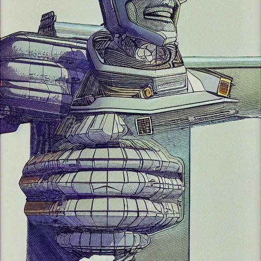 Prompt: Giant Spaceship in the shape of Jeff Bezos' head concept art by moebius, 1970s sci-fi illustration