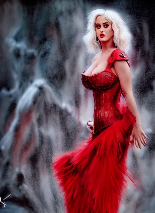 Image similar to katy perry in a red dress by luis royo. highly detailed 8 k. intricate. lifelike. soft light. nikon d 8 5 0. cinematic post - processing