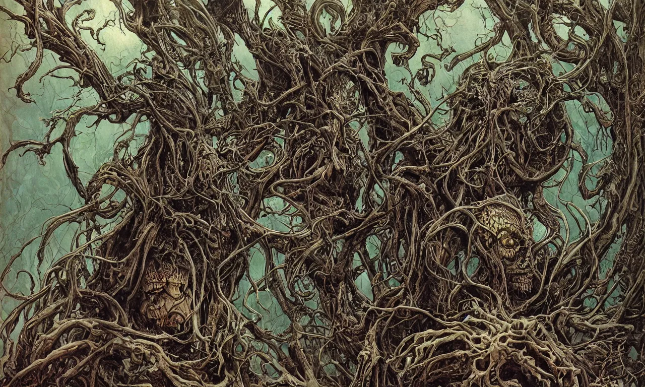 Image similar to hyperdetailed art nouveau portrait of treebeard as a cthulhu eyeball skull dragon monster, by micheal whelan, simon bisley and bill sienkiewicz, grim yet sparkling atmosphere, photorealism, claws, ribcage, fangs, forest, wild, crazy, horror, lynn varley, lovern kindzierski, steve oliff