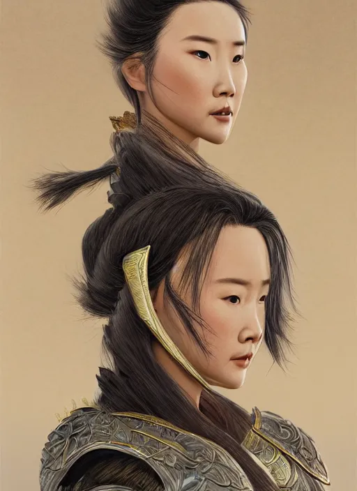 Image similar to realistic detailed painting of Mulan wearing sculpted textured armor, intricate complexity, close-up of the front of the face, super sophisticated texture, resolute expression, by Guweiz, split lighting, 4K resolution, symmetric, clear facial features, golden ratio, Kojima, Amano, Charlie Bowater, Karol Bak, rich deep colors, Unreal Engine 5