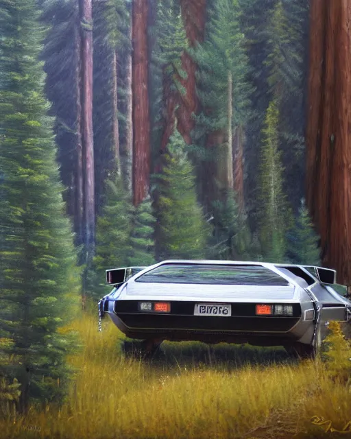 Image similar to delorean in the altai forest, detailed oil painting