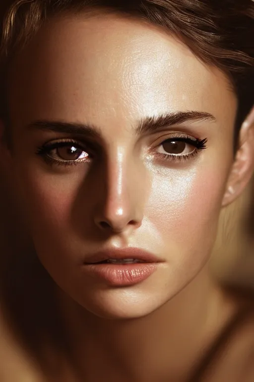 Image similar to a photo of Nathalie Portman portrait, 3/4 view, amber eyes, a shy face, Refined, Detailed professional photo, 50mm lens, Canon eos, soft an diffuse lights, autumn light, Highly Detailed, Cinematic Lighting, Unreal Engine, 8k, HD