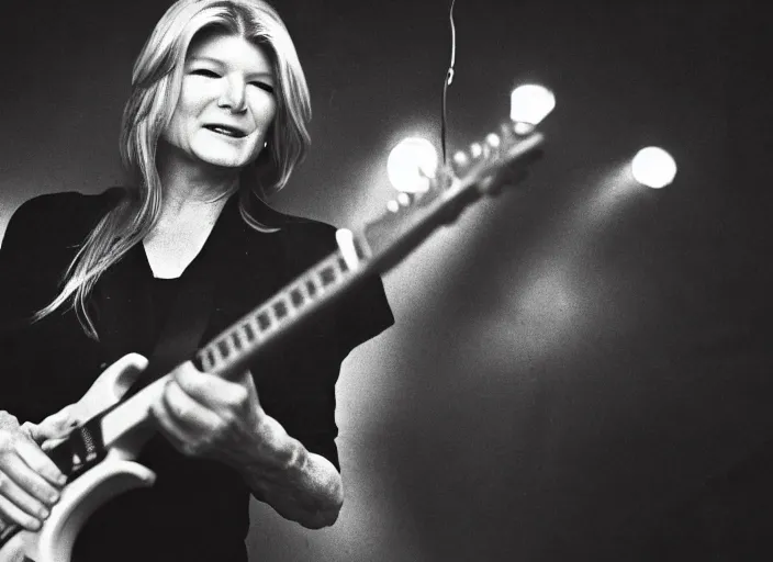 Image similar to publicity photo still of martha stewart in a swedish doom metal band playing live on stage, 8 k, live concert lighting, mid shot