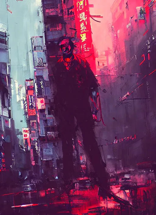 Image similar to horror art, terminators in shinjuku street, red cloud in the background, art by ismail inceoglu