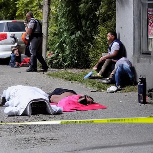 Image similar to several people laying on pavement, dead after gas attack, horror scene, landscape