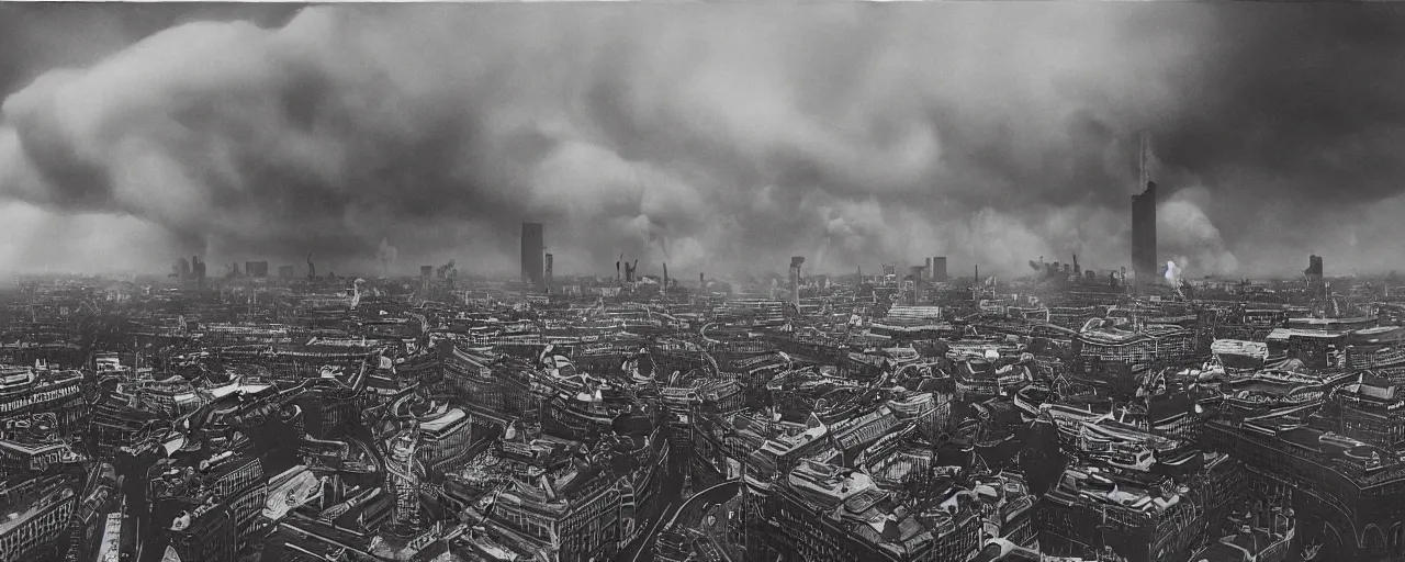 Prompt: a landscape of central london after a nuclear strike, collapsed london eye, big ben, groups of human figures, fog, atmosphere, brooding clouds, mushroom cloud, gas