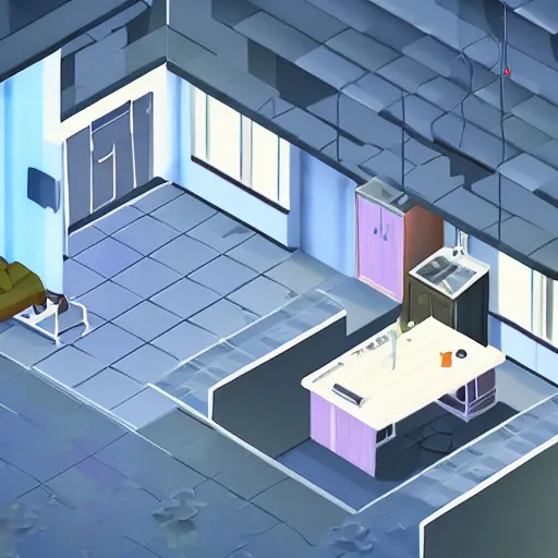 Prompt: Isometric game, 4k, dramatic lighting, unreal engine, abandoned apartment, night lights