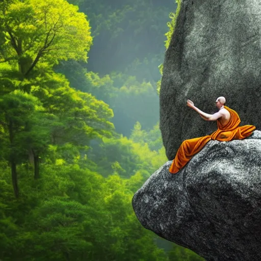 Image similar to a close up of a monk floating above a large rock in the mountains with trees in the background. highly detailed beautiful digital wallpaper art, 4 k, cinematic composition