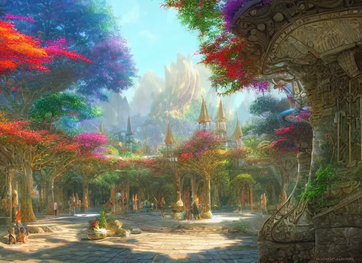 Image similar to A wide open courtyard in a beautiful, colorful elven city made of ivory, saturated colors, no haze, anime, lush trees, fountain, a fantasy digital painting by James Gurney, trending on Artstation, highly detailed