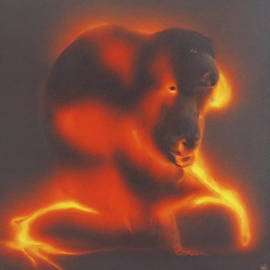 Image similar to one capybara on fire, digital oil painting