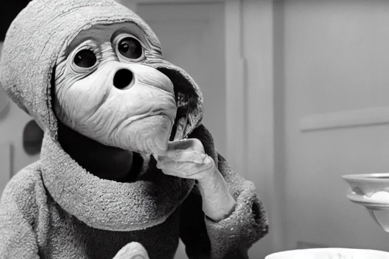 Image similar to E.T. eating a bowl of Cheerios cereal black and white Spielberg 35mm film cinematic 4k