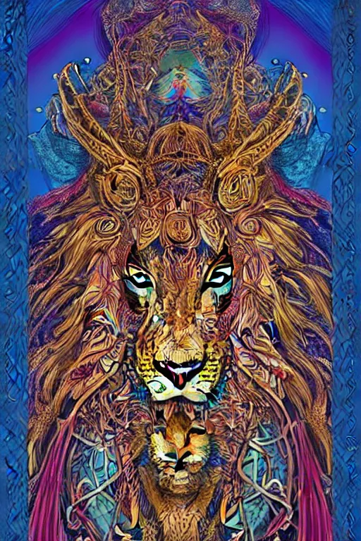 Image similar to beautiful and colorful fractal tarot card featuring an ornate, realistic, and regal viking lion by Dan Mumford, by Jim Fitzpatrick, by joe wilson, featured on deviant art, trending on artstation