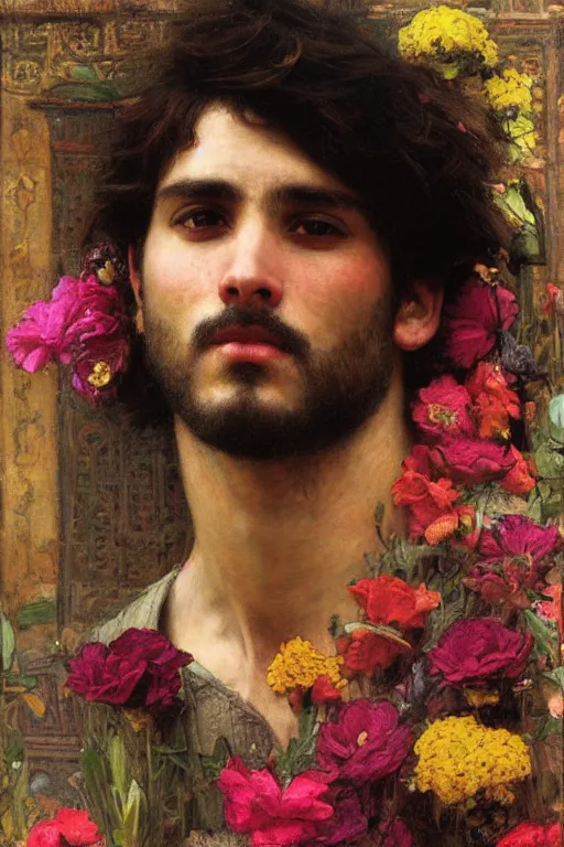 Image similar to close up of a attractive male surrounded by colourful flowers orientalist intricate portrait by john william waterhouse and edwin longsden long and theodore ralli and nasreddine dinet, hyper realism, dramatic lighting