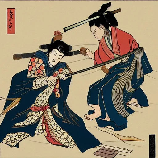 Image similar to Harry Styles fighting Beyoncé with a katana sword, in the style of Hokusai