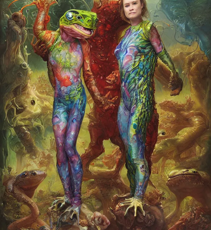 Image similar to brie larson as a brightly colored amphibian hybrid with wet mutated animal skin. wearing a infected tight organic alien suit. by tom bagshaw, donato giancola, hans holbein, walton ford, gaston bussiere, peter mohrbacher, brian froud and iris van herpen. 8 k, cgsociety