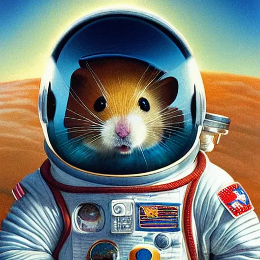 Image similar to hamster, wearing an cosmonaut helmet, russian cosmonaut, on the moon, art by artgerm and david a hardy