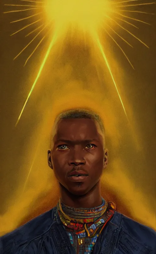 Image similar to upper half portrait of an african in yellow cape - inside the clouds - surrounded by bolts of lightning - rays of light emanating from clouds - in drew struzan movie poster style, art by drew struzan & hsiao - ron cheng, highly detailed, digital painting, ray tracing, illustration, smooth, sharp focus, intricate, symmetry, artstation,