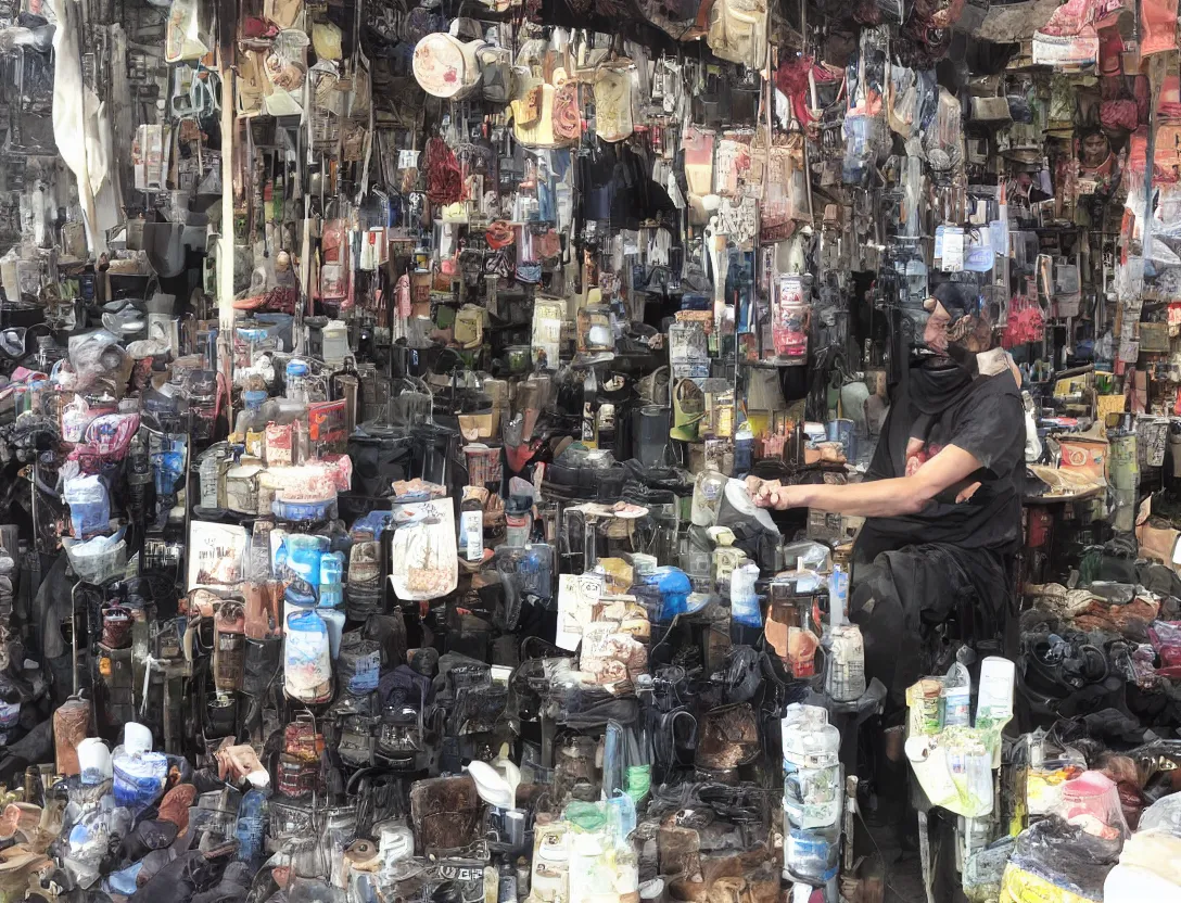 Image similar to market stall in Mordor. An orc selling dark toiletries and body parts