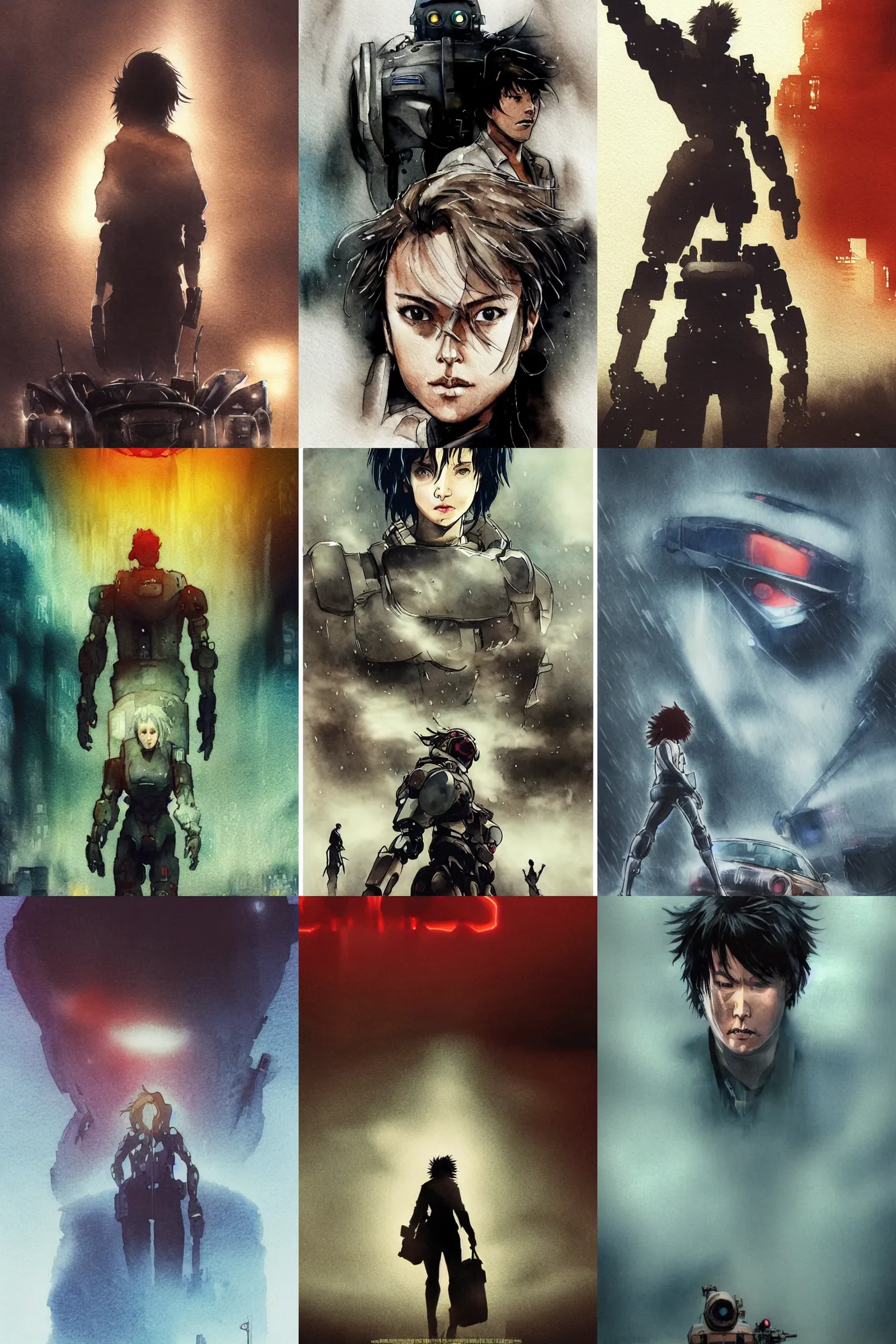 Prompt: incredible movie poster, simple watercolor, fish eye lens, curvilinear perspective, yoji shinkawa, kastuhiro otomo, giant robot in the fog,foggy heavy rain, downpour, movie scene close up emotional miss Kusanagi face, short bob hair, foggy lights, brown mud, dust, giant whale tank with legs, robot arm, emotional face shot ,light rain, glowing atari sign, japanese advertisements on buildings, hd, 4k, remaster, dynamic camera angle, deep 3 point perspective, fish eye, dynamic scene