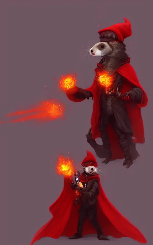 Prompt: a anthropomorphic ferret is a dark warlock dressed red robes, he's very menacing and evil, he's holding a fireball, hyperdetailed, artstation, cgsociety, 8 k