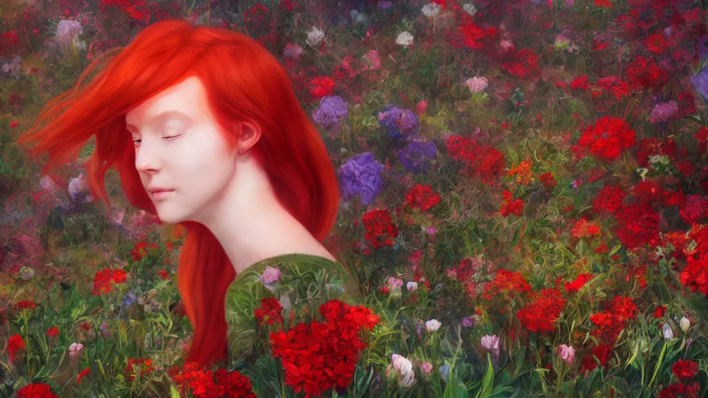 Image similar to a centered render of a red hair girl, shining its light across a tumultuous sea of flowers, by dorothea tanning, trending on artstation, cyber punk, high contrast, unreal engine, high detailed, 8 k